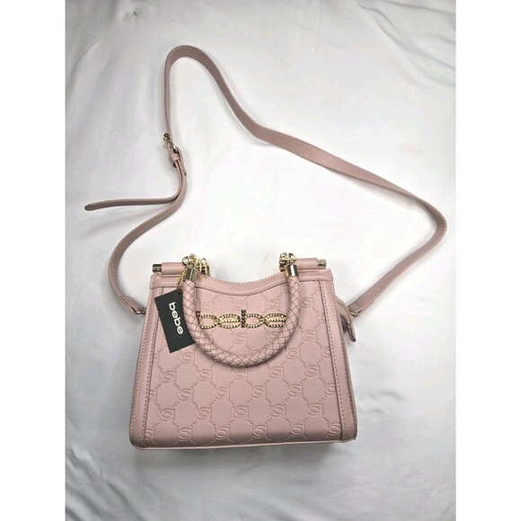 NWT bebe Blush Pink Logo Satchel Braided Handle Gold Hardware Crossbody - Picture 3 of 12